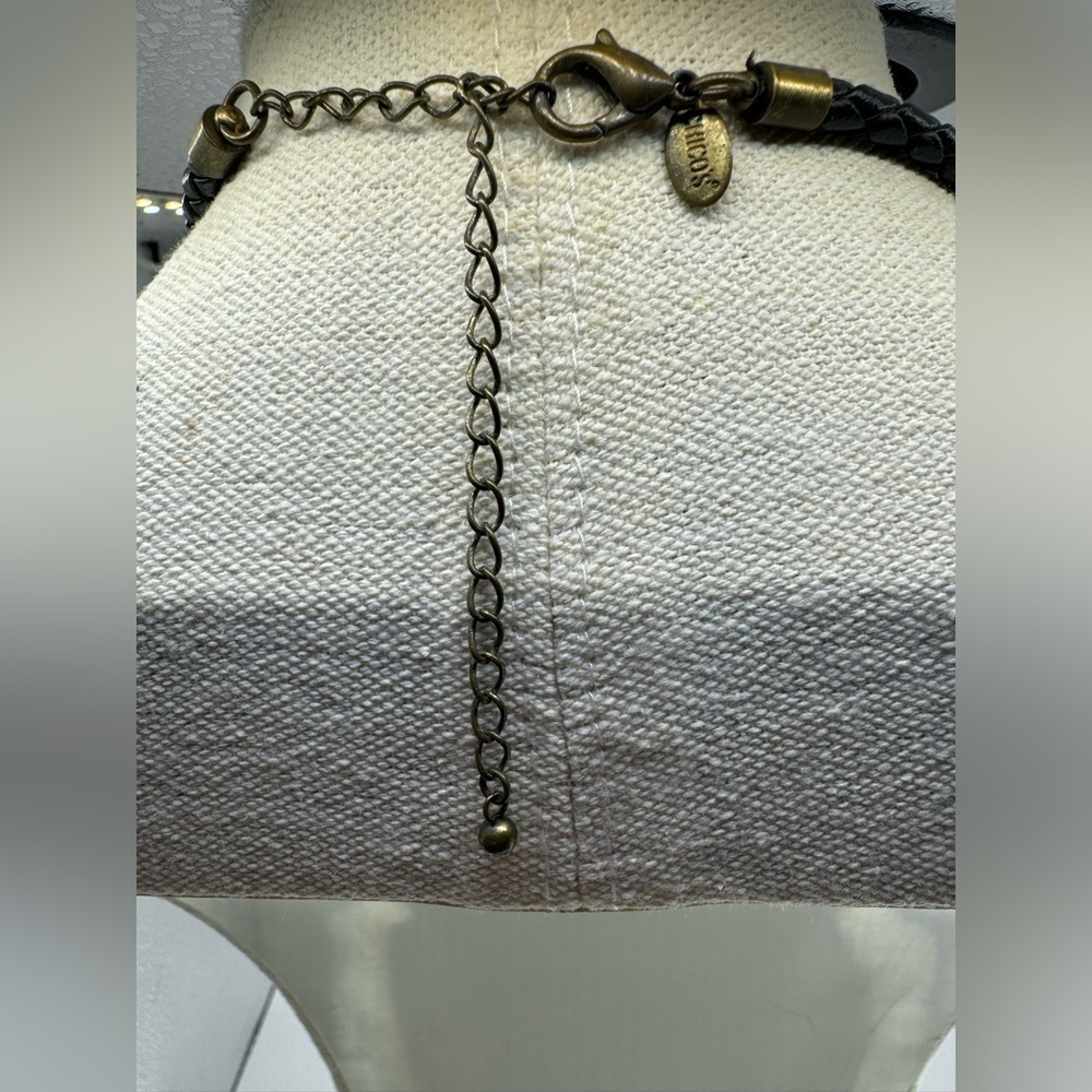 Chico’s Boho Tribal Enamel Antiqued Gold Black Braided Leather Chain Necklace - Picture 4 of 6